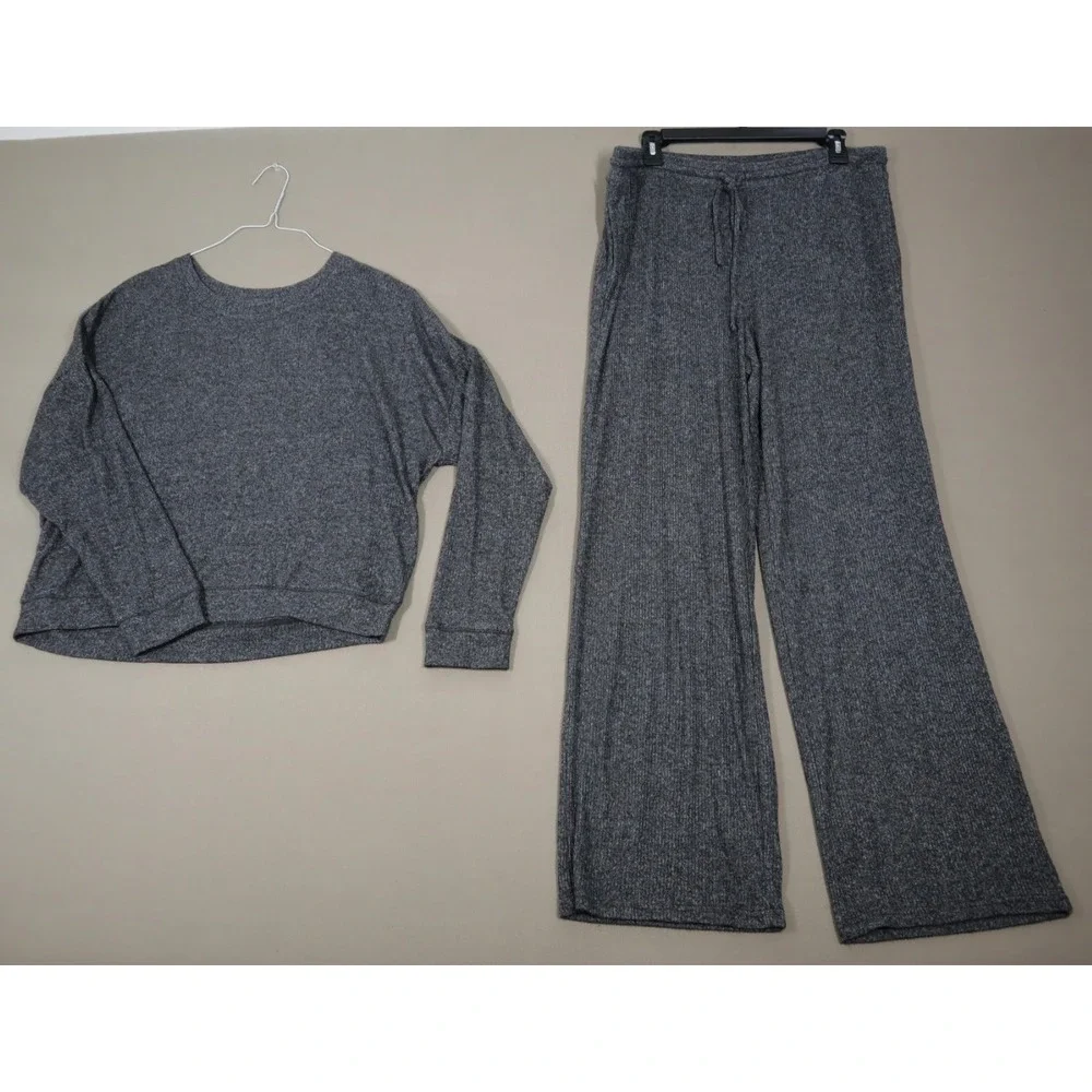 Alfani Ribbed Wide Leg Pajama Set - Black‎ Heather - Size L